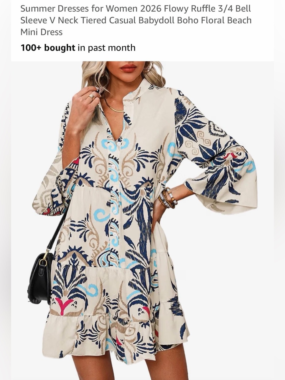 Opemiby Boho Floral Tiered Button-Up V-Neck Mini Dress - Size L